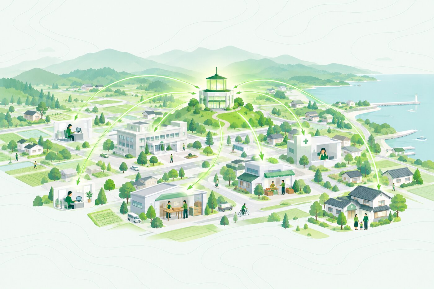 タウンDX総研の世界観：まちの人や建物から集まる日々の記録を研究所が読み解き、まちへ還元する循環を描いたイラスト